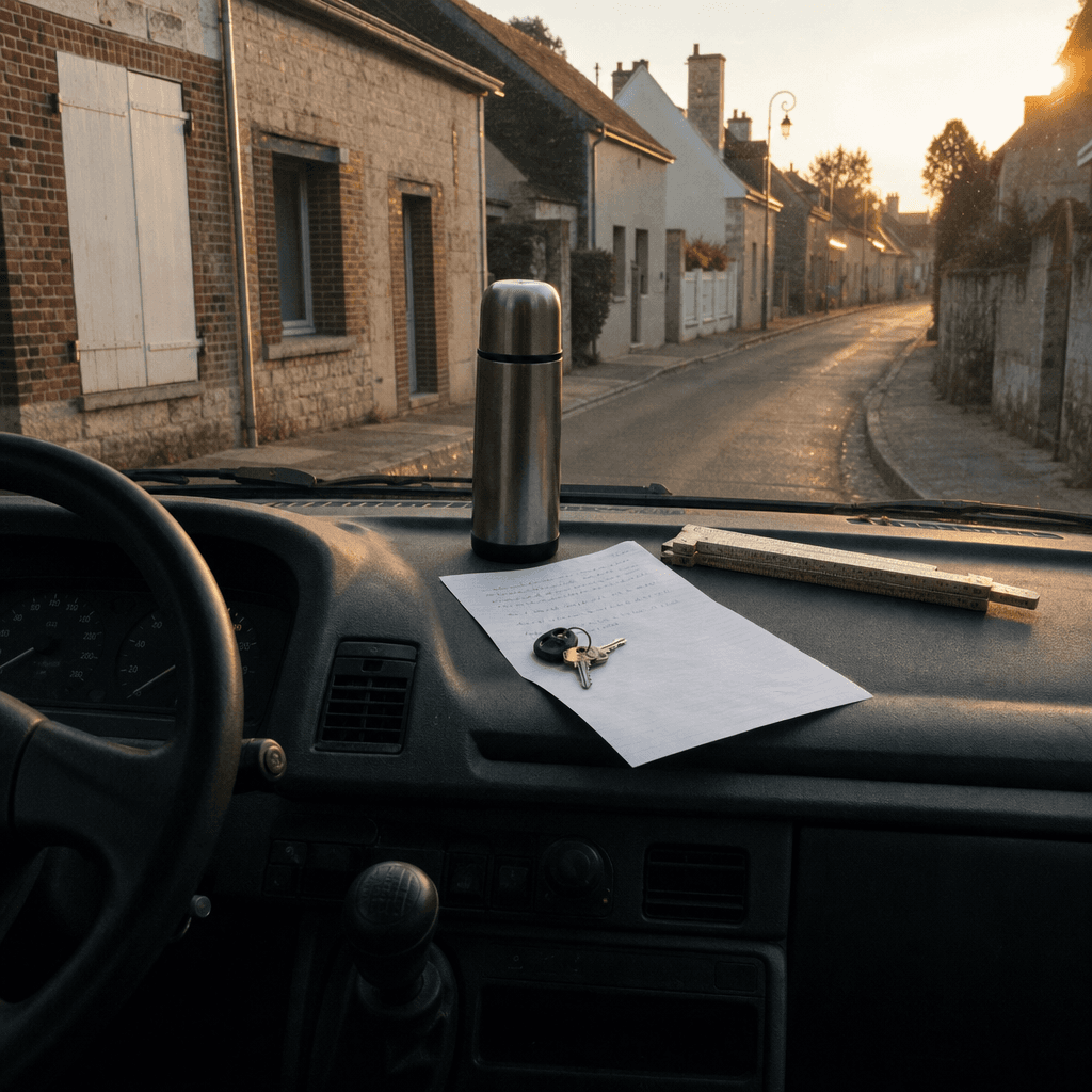 Une feuille posée sur le tableau de bord d’une camionnette, au petit matin, dans une rue de village.
